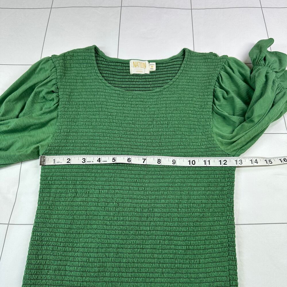 Nation LTD Top Womens Medium Green Bardot Tee Smocked Puff Sleeve Stretch Crew - Picture 5 of 6